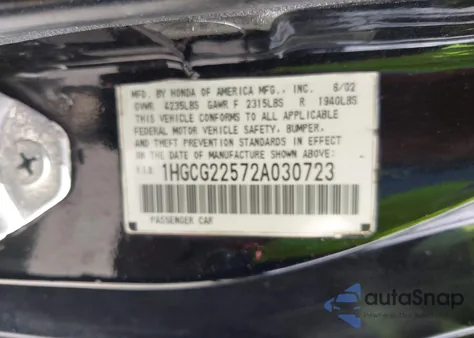 2002 Honda Accord 3.0 Ex из США, поврежденный, VIN 1HGCG22572A030723